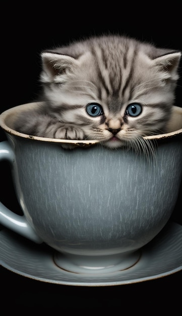 Un gato en una taza que está sobre una mesa.