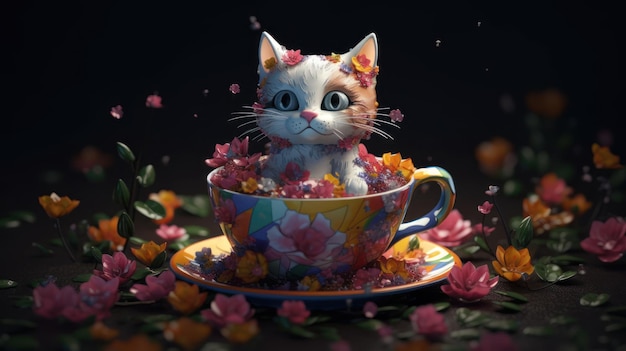 Un gato en una taza de té con flores.