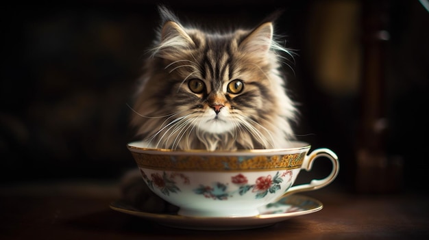 Un gato en una taza de té con un patrón de flores.