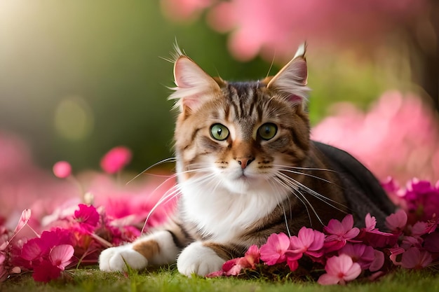 Un gato tendido en un campo de flores.