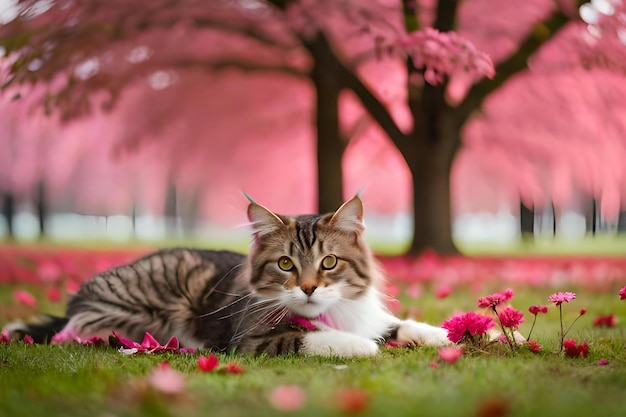 Un gato tendido en la hierba frente a un árbol rosa.