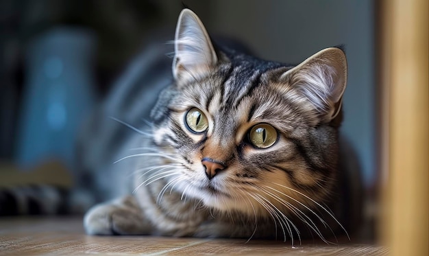 Foto un gato tendido en el suelo con una cara de rayas negras y grises.