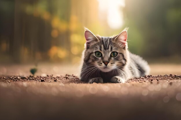 Un gato tendido en el suelo frente a un árbol.