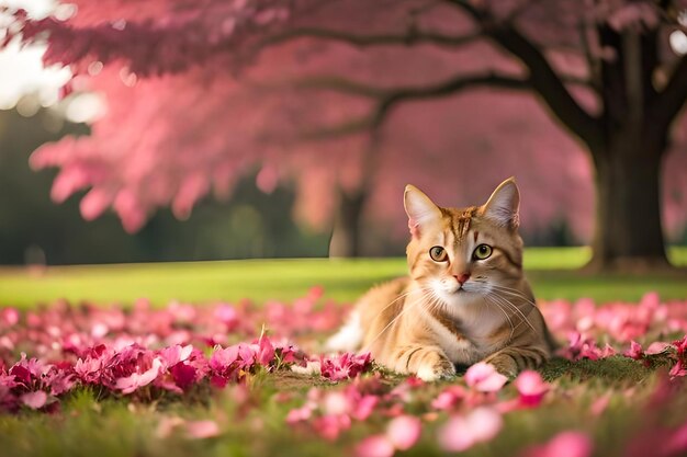 Un gato tirado en la hierba con flores rosas en el fondo.