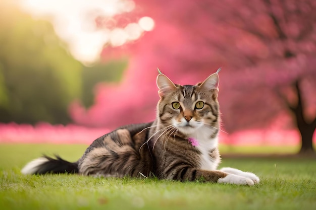 Un gato tirado en la hierba con un fondo rosa.