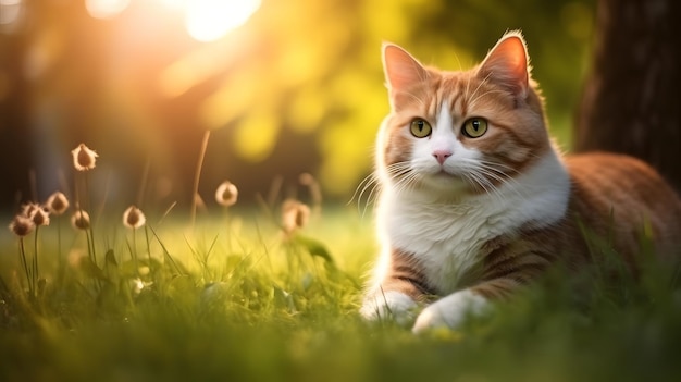 Un gato tirado en la hierba frente a una puesta de sol