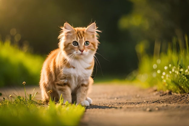 Un gato tirado en la hierba frente a una puesta de sol.