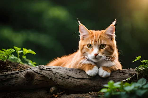 Un gato tirado en un tronco en el jardín.