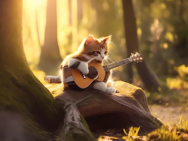 un gato tocando la guitarra en el bosque con el sol detrás de él.