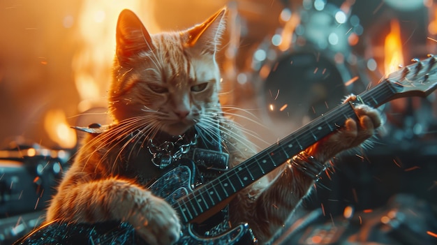 Gato tocando la guitarra por el fuego