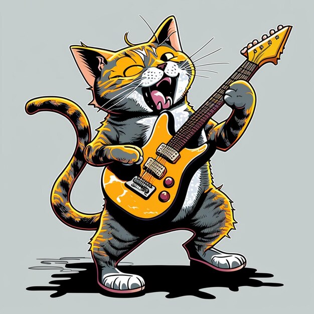 Gato tocando uma ilustração vetorial de guitarra