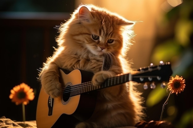 gato tocando violão sentado em uma cadeira gravando ângulo de perspectiva Generative AI