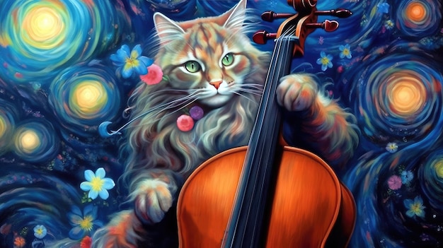 Un gato tocando un violín con flores en el fondo.