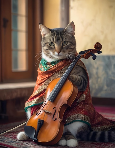 Gato tocando el violín y las malezas