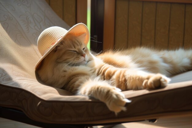 Gato tomando banho de sol em uma poltrona com um chapéu floppy na cabeça