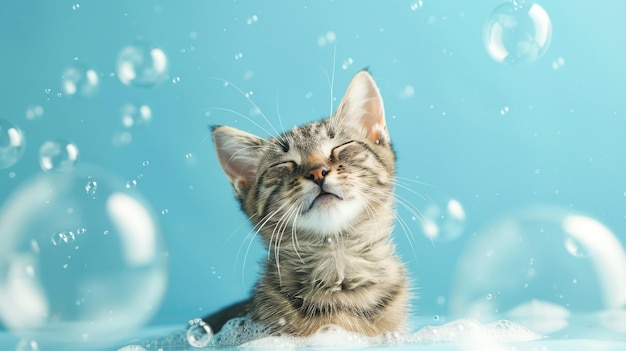 Gato tomando un baño con burbujas de jabón Copiar espacio