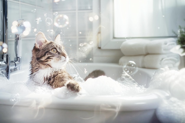 Gato tomando un baño con burbujas de jabón Copiar espacio