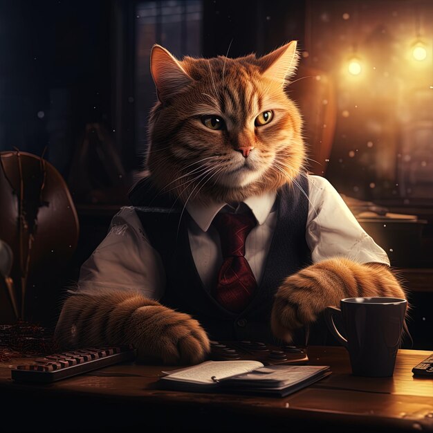 un gato en un traje con una camisa en el frente sentado en un escritorio con una taza de café