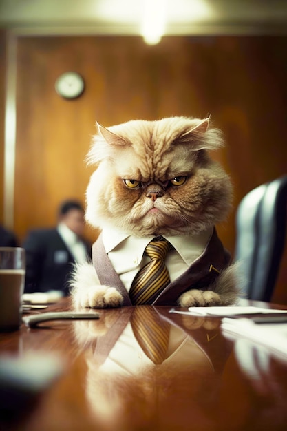 Gato con traje y corbata sentado a la mesa con una taza de café IA generativa