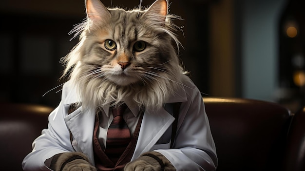 un gato con traje y corbata sentado en un sofá