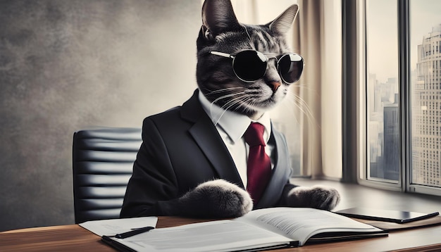 Foto un gato con un traje y corbata se sienta en un escritorio con un libro delante de él