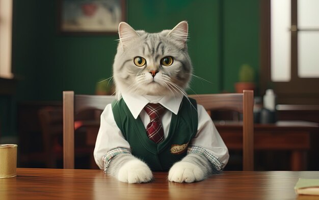 un gato con un traje y corbata se sienta en una mesa