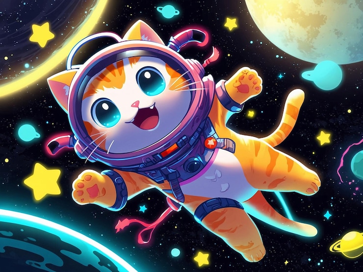 un gato en un traje espacial con girar en el espacio con extraterrestres brillantes y amistosos