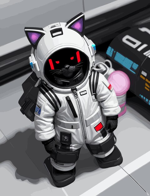 Gato con traje espacial en la nave espacial.