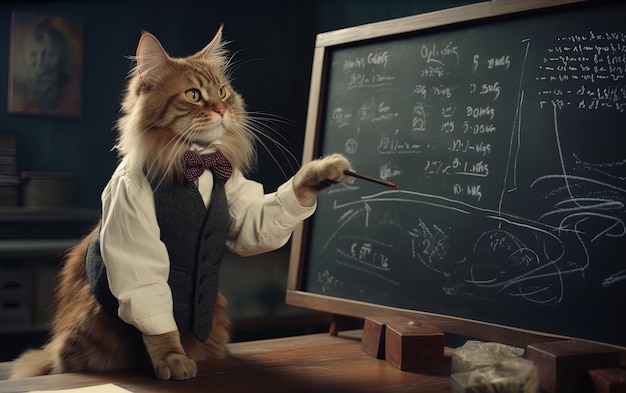 un gato en un traje está escribiendo en una pizarra con las palabras la palabra