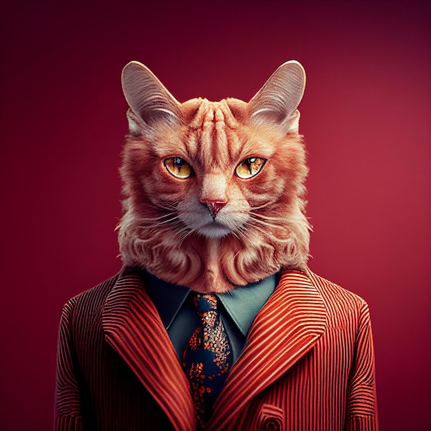 Un gato con traje de fondo rojo.