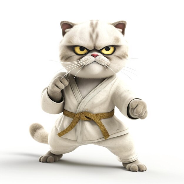 Un gato con un traje de karate está parado en una pose.