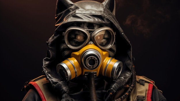 Gato en un traje de máscara de gas protectora sobre un fondo oscuro