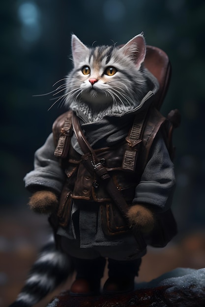 Un gato con traje y mochila.