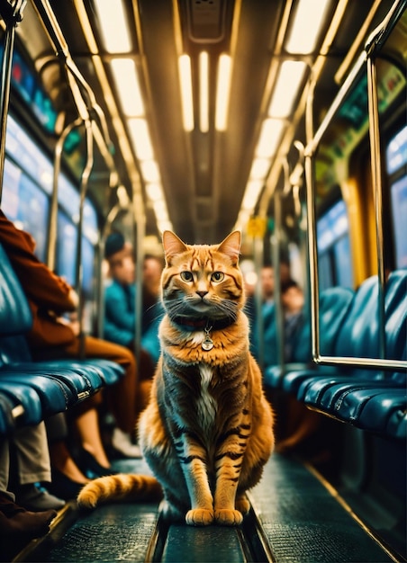 un gato en un traje de negocios sentado en un metro lleno de gente