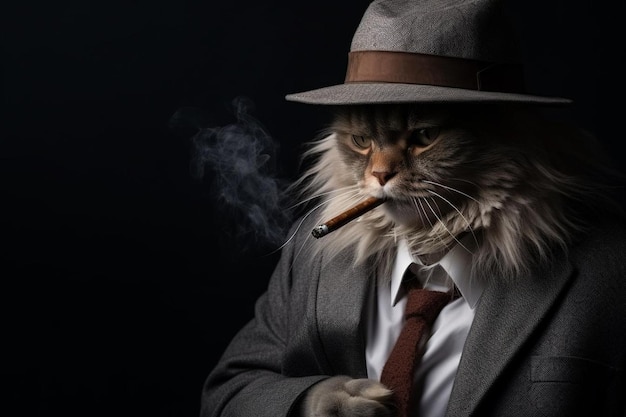 Foto gato en un traje de negocios y sombrero con un cigarrillo y humo mafioso profesional