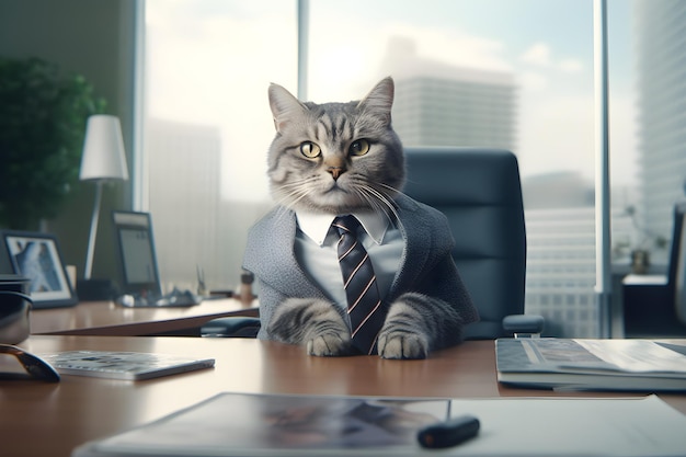 Un gato con traje se sienta en un escritorio frente a una ventana.