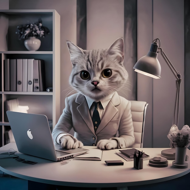 un gato en un traje se sienta en un escritorio con un portátil y un portátil