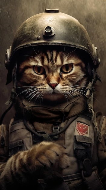 Gato con un traje de soldado con esmalte