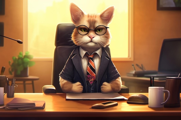 Un gato con traje se ve serio en su escritorio Ilustración IA generativa