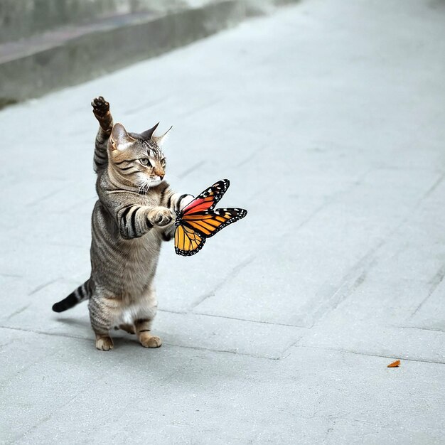 Foto gato tratando de atrapar con sus manos una mariposa ai generado