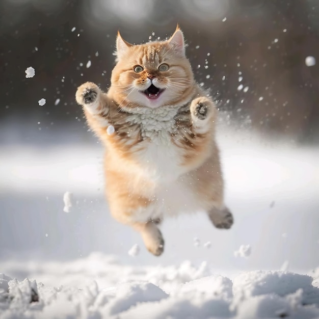 Gato travieso que juega en la nieve