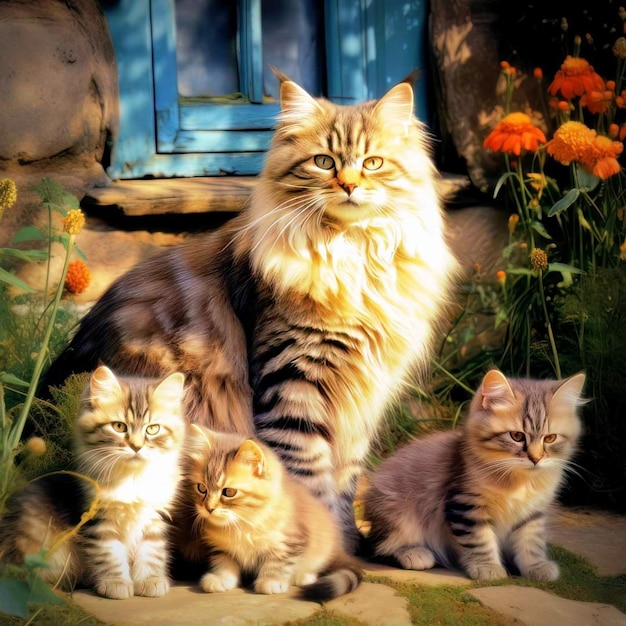 Un gato con tres gatitos frente a una puerta azul.