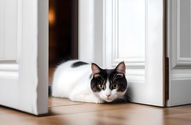 El gato tricolor mira fuera de la habitación en la puerta de la blanca