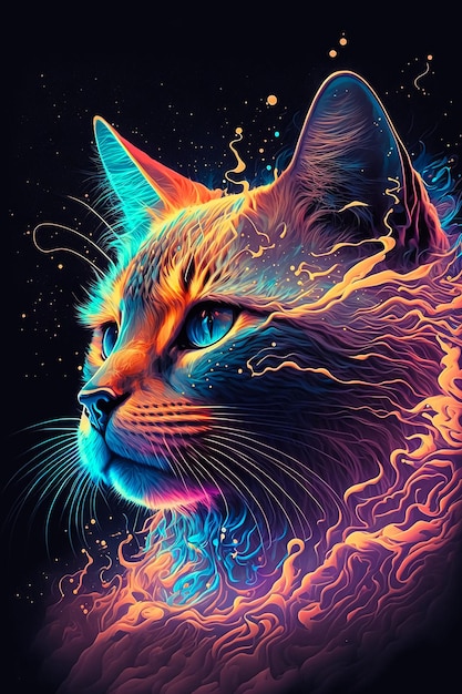 Gato Trippy. Trabajo de arte digital. Elementos fusibles. IA generada