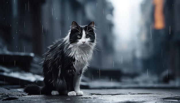 Gato triste en la calle bajo la lluvia