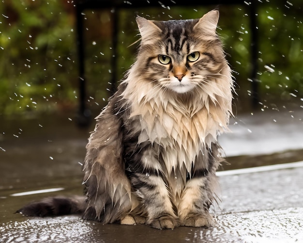 Gato triste y mojado en un día de lluvia