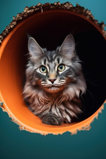 Un gato en un tubo con un ojo azul.