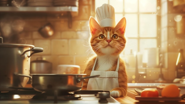 Gato en uniforme de chef cocina de restaurante Encantador chef felino añade un toque lúdico a la escena culinaria mezclando la ternura con la experiencia culinaria