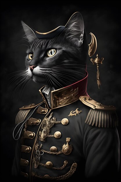 Un gato con uniforme militar con botones dorados y botones dorados.