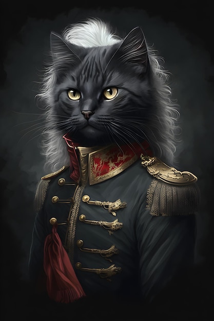 Un gato con uniforme militar con ojos amarillos.